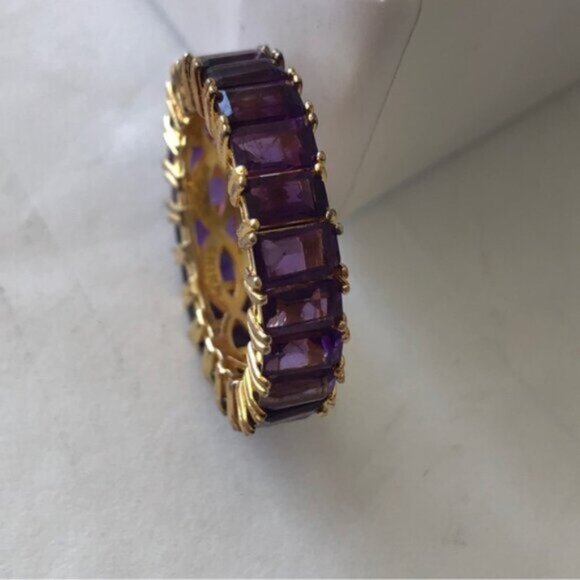 Emerald Cut Band Gold Plated Sterling Silver 925 Gen Amethyst Purple Ring Sz.8 - Picture 6 of 16